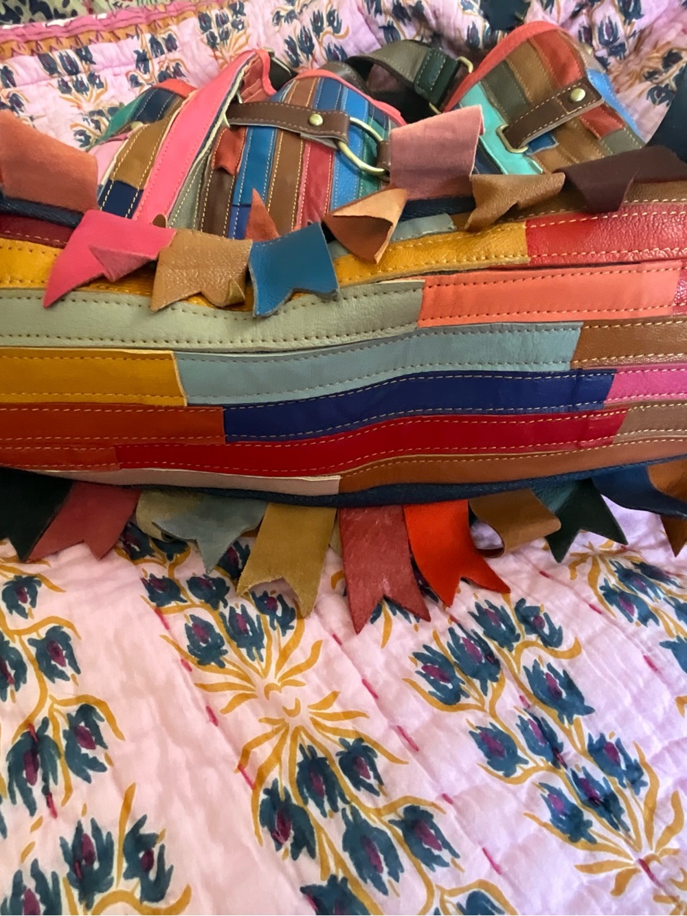 Gorgeous large Multicolor Striped Leather Tote with Floral Appliqués - Picture 3 of 8